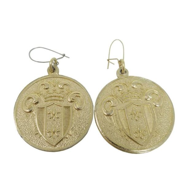 Vintage Dangle Coin Shape Family Crest Design Earrings, Gold Tone. Retro Estate - Picture 1 of 5